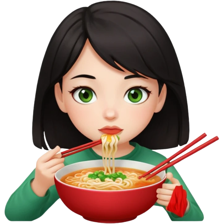 a dark-haired girl with green eyes is eating ramen emoji