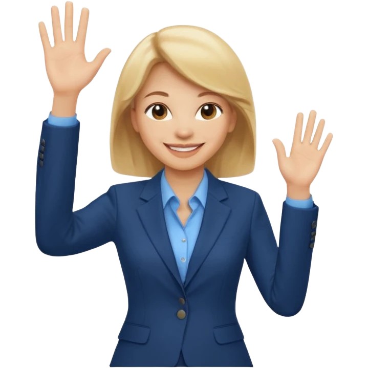 Make emoji of business woman with light skin and medium blonde hair in a dark blue business suit and light blue shirt waiving to new clients emoji