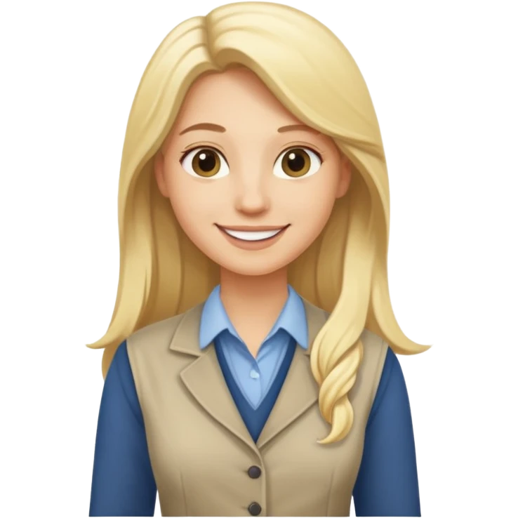 fun blonde history teacher, casual clothes, long blonde hair, smiling emoji