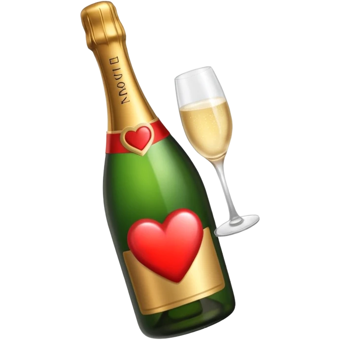 Draw a champagne bottle with a heart label using an isometric camera with a High-Angle Shot. emoji