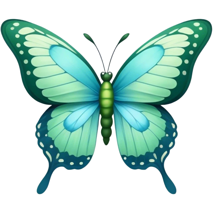 A delicate butterfly with deep green and pastel blue wings resting on a soft green satin ribbon. emoji