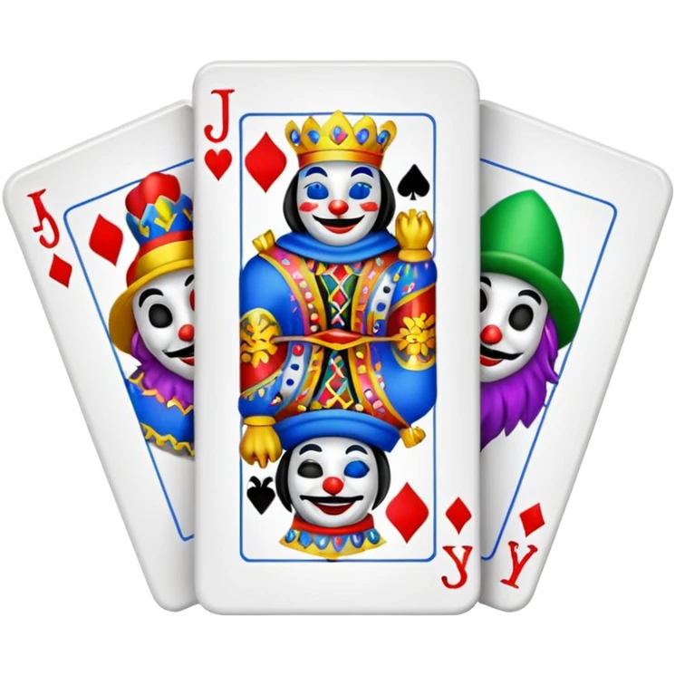 bunch of 3 poker cards, with crazy colorful jolly jokers inside emoji