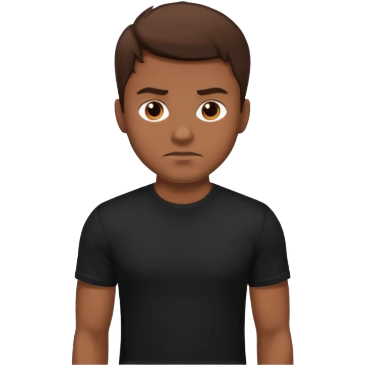 man with brown hair who is strong wearing black t shirt not smiling emoji