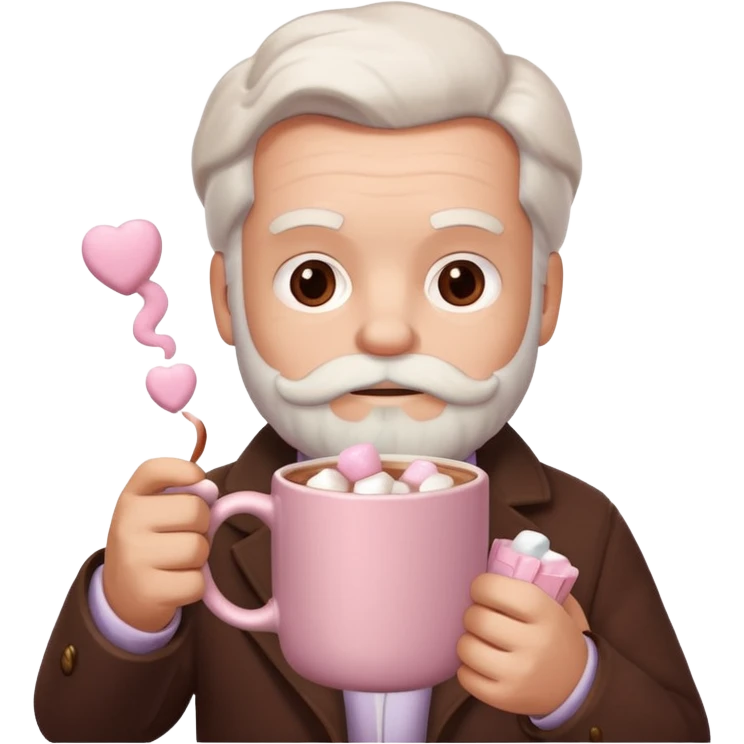 Marx hold  Light Pink mug of hot chocolate with marshmallows in  emoji