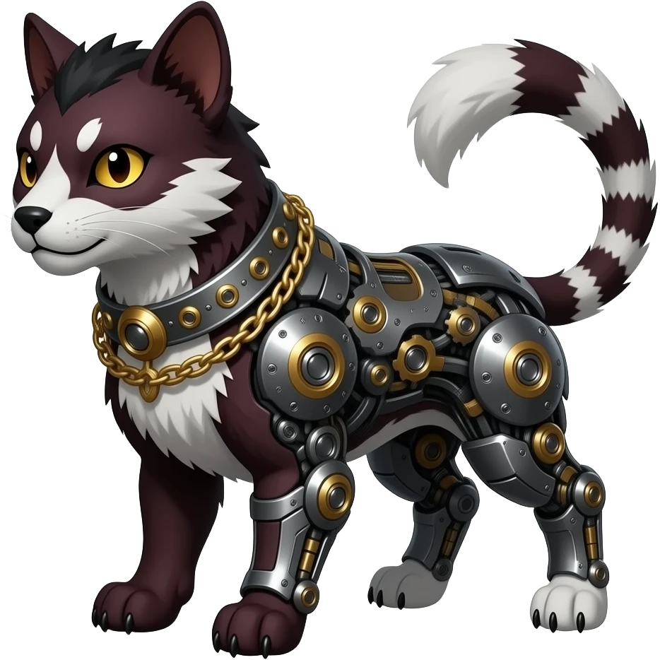 Mature realistic quadrupedal Epic majestic complex  glorious futuristic detailed dark dusky gloomy deep gothic sanguine-blood-maroon-black-white, realistic Fakémon-Sprigatito-Floragato-Meowscarada-Trico-Sergal-Serval-Vernid-creature (full body) with metal gears and metal collar with gold chains emoji