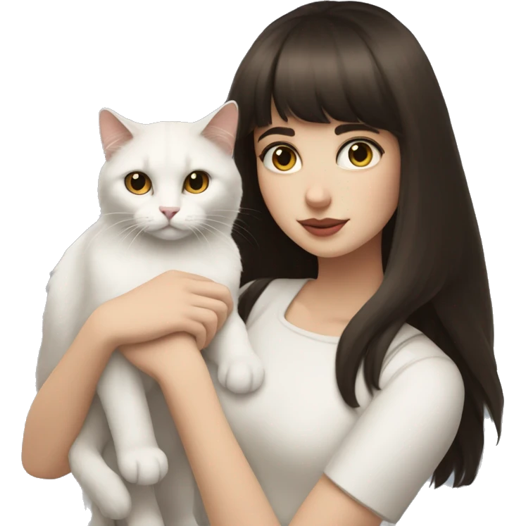 A pale girl with dark brown hair and dark brown eyes and bangs holds a white cat in her hands and looks at cat emoji