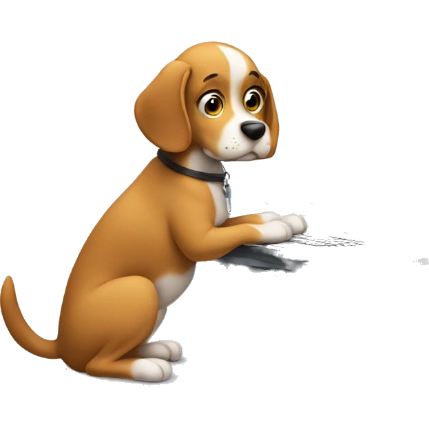 a cute dog sitting in front a computer. typing in some text with his paws. head looking back. emoji