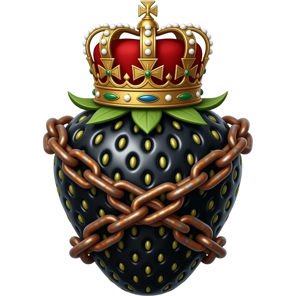 a black strawberry with a rusty, richly decorated English royal crown on top that is flaming. An oversized rusty chain is wrapped around the strawberry's body and is spinning around its body emoji
