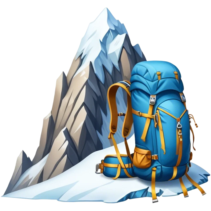 Icon for Mountain Tourism and Climbing: a mountain peak in the background, climbing gear and backpack. The icon should capture the adventure and challenge of alpine exploration. Transparent background. emoji