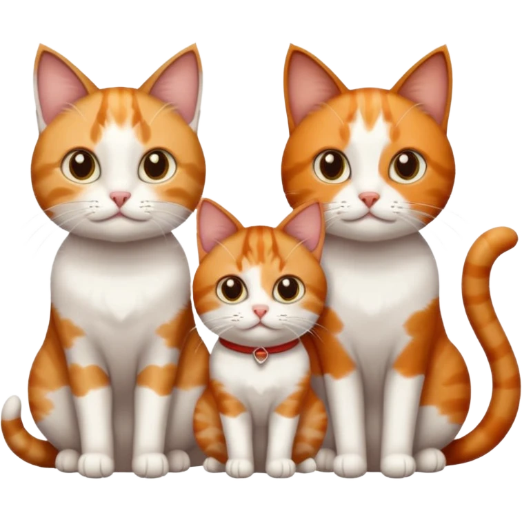 3 different coloured small cats including a dark brown tabby and white, and a patchy calico, and a ginger and white emoji