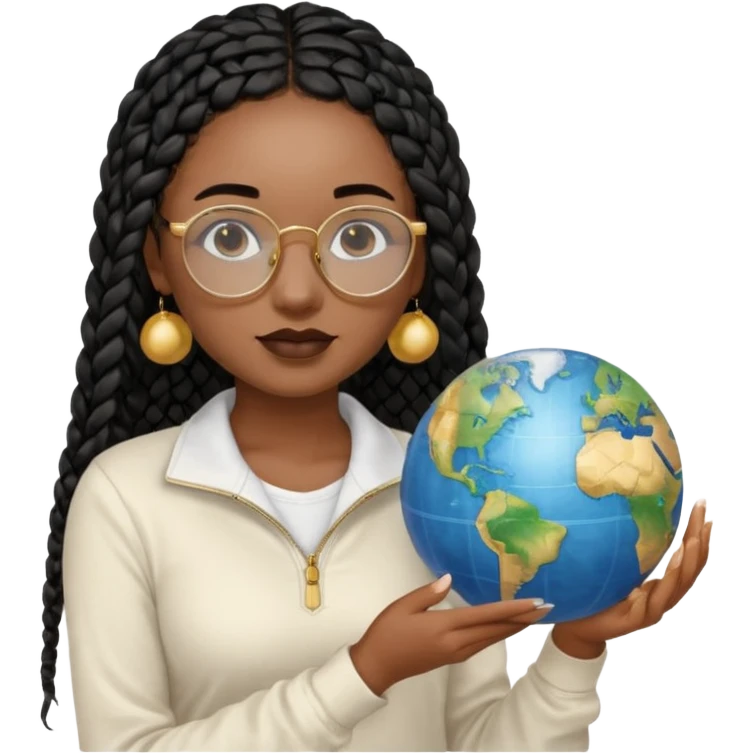 a young woman wearing fine gold round glasses and black hair in several box braids, no earrings, she has light black skin, and she's wearing a white shirt with a black quarterzip. She's holding a globe in one hand emoji