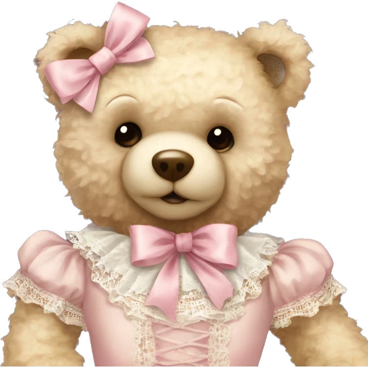 vintage rococo teddy bear with a light pink bow that has lace and frills emoji