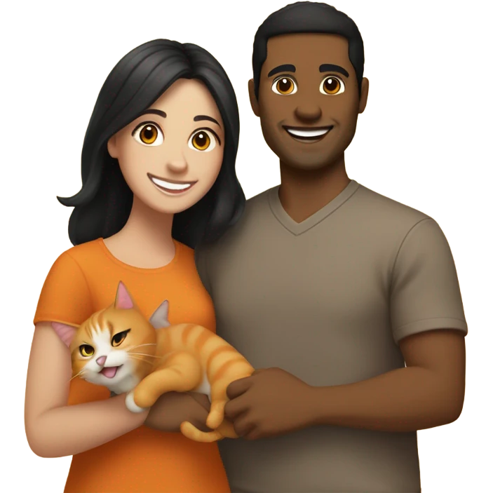 a happy light-brown woman with black hair and a happy brown man with brown hair are friends and holding an orange cat emoji