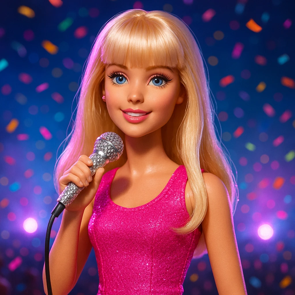 Pretty and girly Blonde pop star with bangs, holding a bedazzled microphone, reimagined as a Barbie doll, with a nighttime concert backdrop with colorful confetti emoji