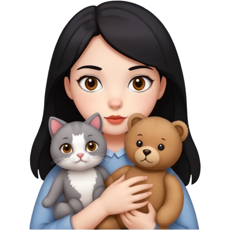 A girl with drak eyes, red cheeks, black hair with a white face, holding a British gray cat and a brown teddy bear emoji