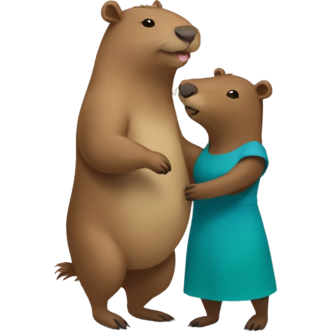a capybara and a bear hugging. the capybara is wearing a green dress and the bear is wearing a blue dress. emoji