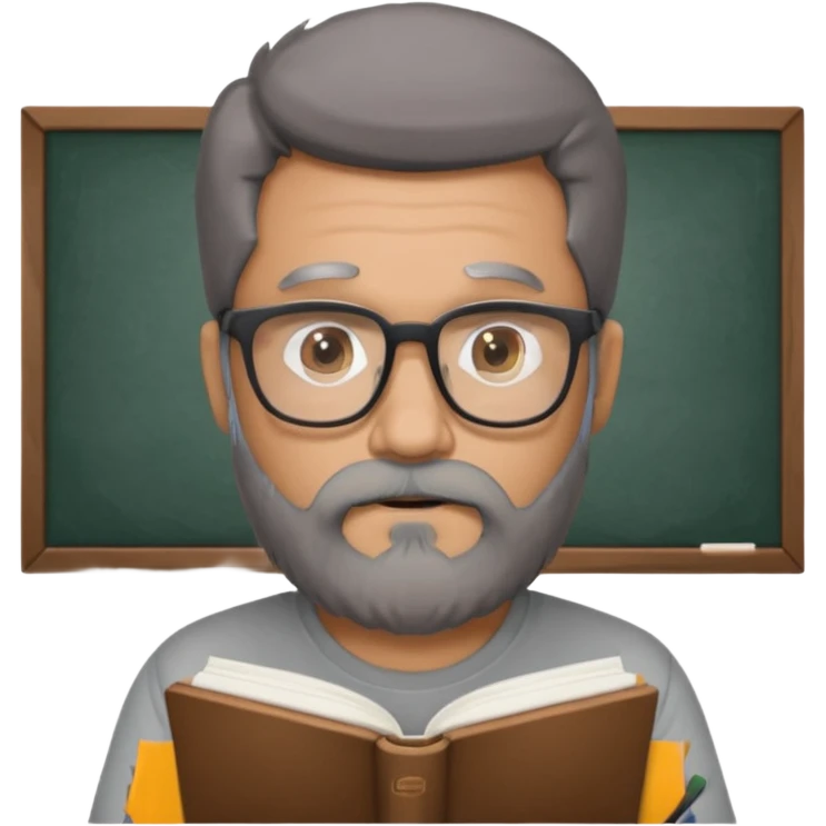 A man with a large gray beard, dark hair, wearing a t-shirt and glasses, studying. emoji