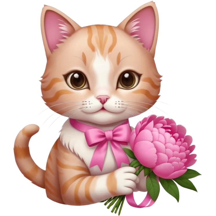 Can you make a cute cat handing out peonies bouquet with a coquette on the boquette emoji