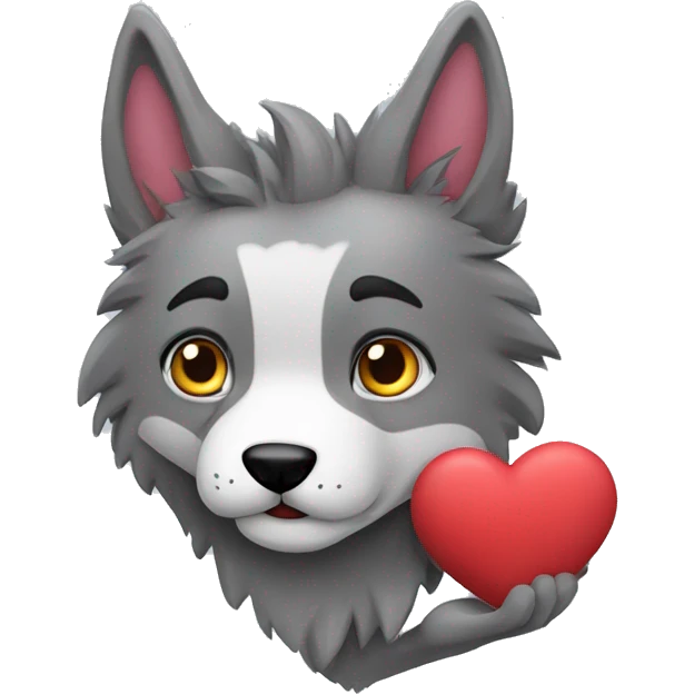 Lobo gris con un corazón en la mano  emoji