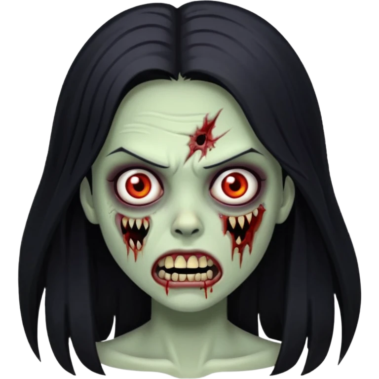 Girl zombie with black long hair with teeth and serious face IOS style emoji