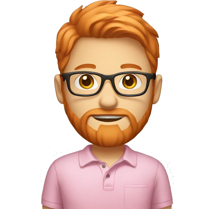light red hair boy with a beard small glasses and pink polo emoji
