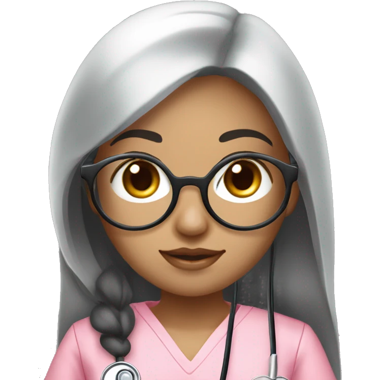 Aian girl (beige white skin tone and big eyes) with circle silver glasses, long black hair , wearing a pink nurse uniform scrub) with a stethoscope emoji