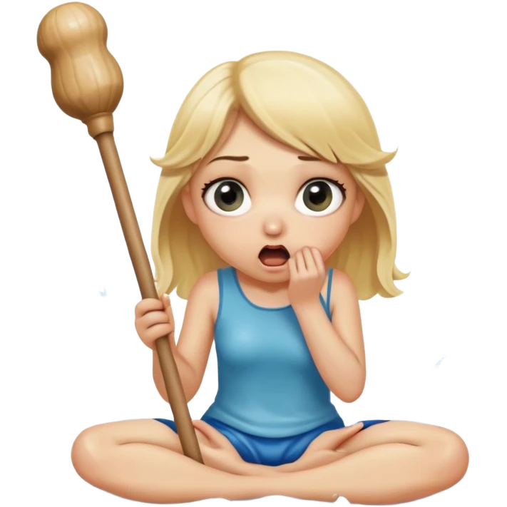 blond woman sitting on her knees with wide eyes, holding a wide skin-colored stick with a D-shaped knob, the stick and the nob have skin texture, water squirting from the knob into her mouth, shocked face emoji
