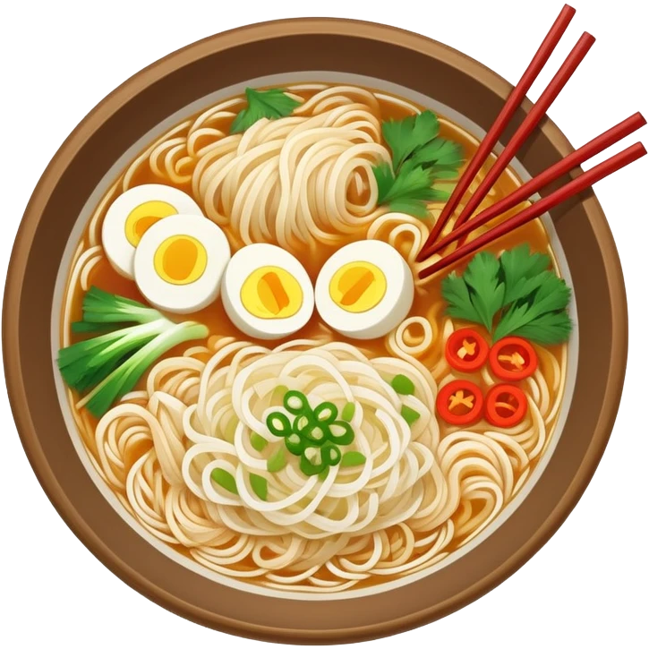 Yunnan Crossing the Bridge Rice Noodles with separate ingredients and hot broth, simplified emoji style with bold outlines and bright colors, cartoon style traditional Guo Qiao Mi Xian emoji