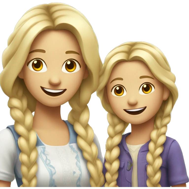 An emoji of a blonde mother with very long hair and a cheerful expression, standing next to her daughter, a small girl with black hair styled in two braids, both smiling happily together emoji