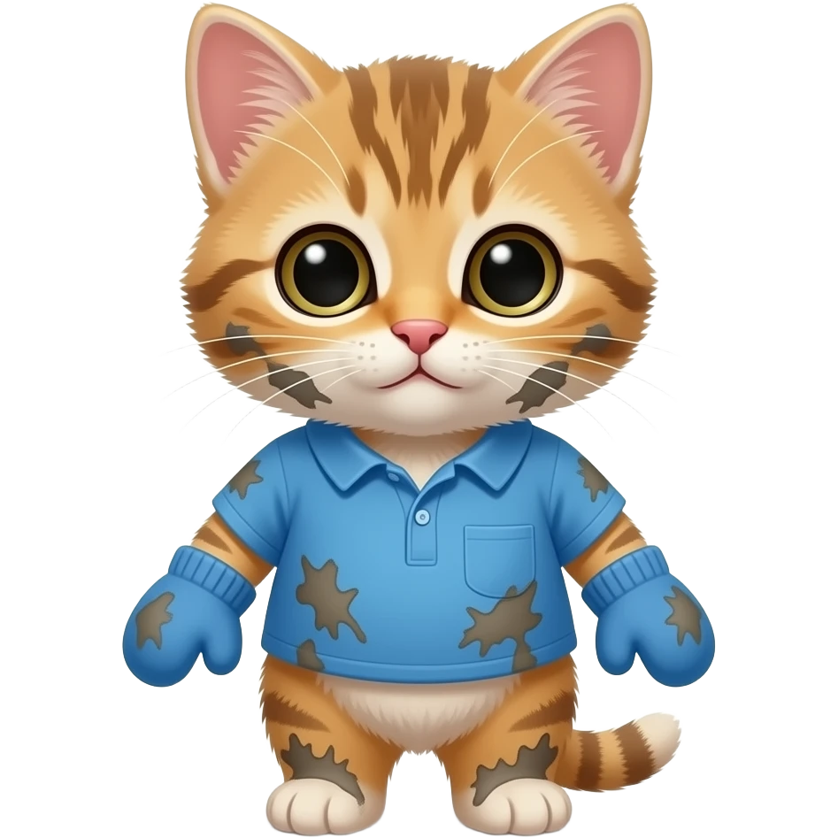Cartoon baby kitten wearing a blue shirt wearing blue mittens were dirty emoji
