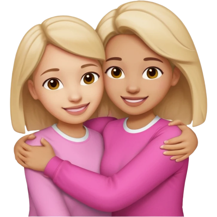 Two female friends with a pink and white shirts are hugging and smiling emoji