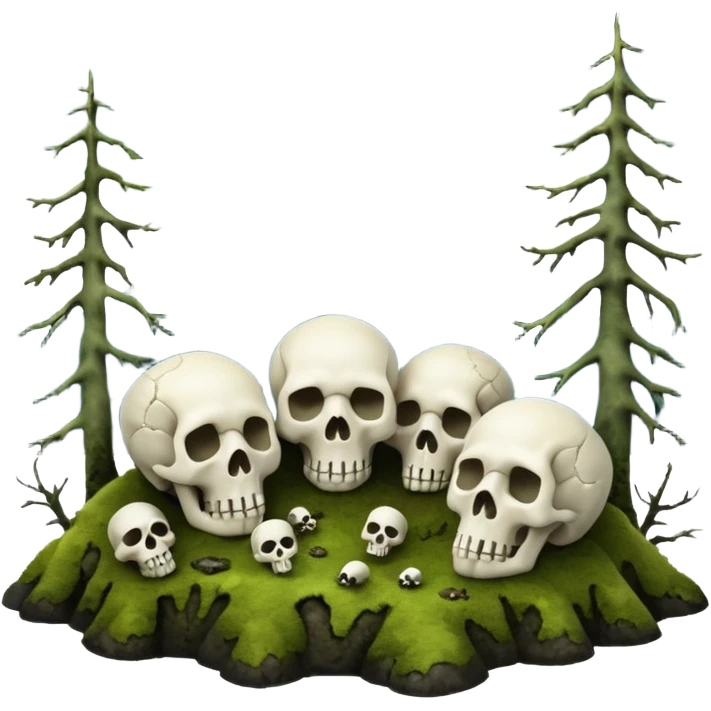 A surreal Alaskan night scape with mountains moss and moss covered trees with skulls coming out of the ground emoji