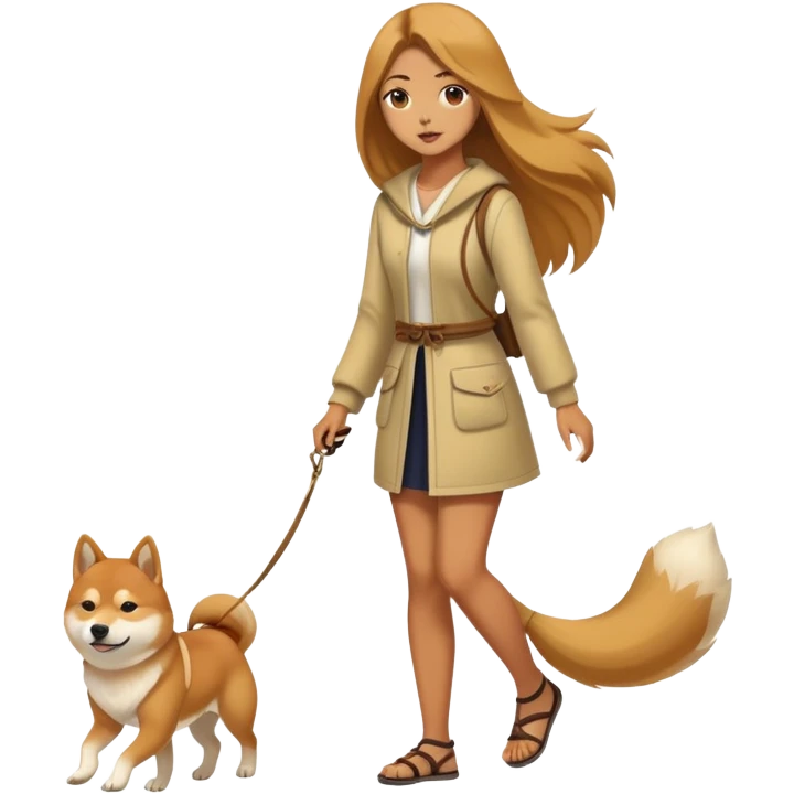 Long-haired beautiful girl walking the Shiba Inu emoji