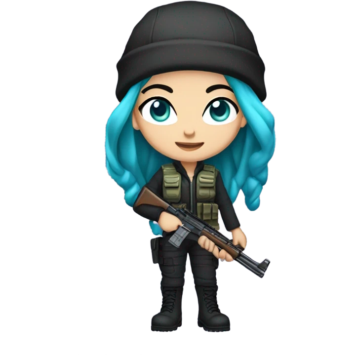 Girl, white skin, tactical vest, dark pants, long teal hair, blue eyes, purple beanie hat, gun, black combat boots emoji