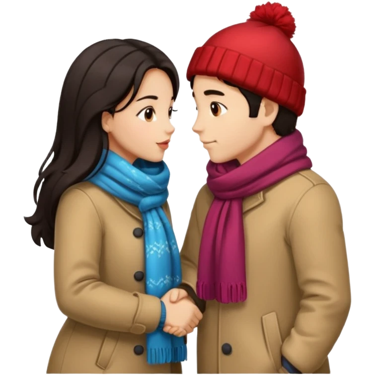 date night christmas couples, dark hair, holding hands, about to kiss each other, wearing a winter outfits emoji
