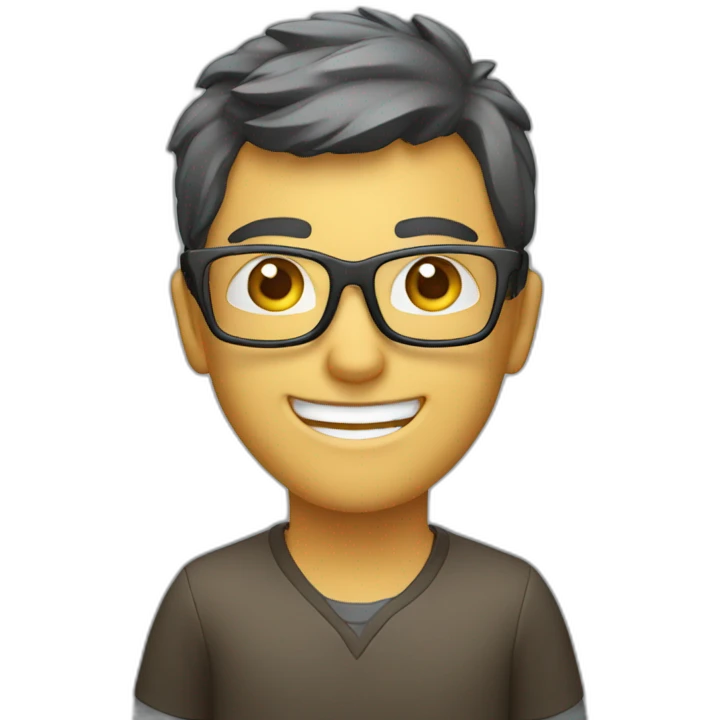 Video editor with glasses, a computer and a smile. emoji