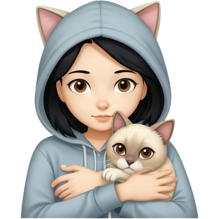 Girl with black hair and blonde highlights, brown eyes wearing a hoodie and hugging a siamese cat with white paws emoji