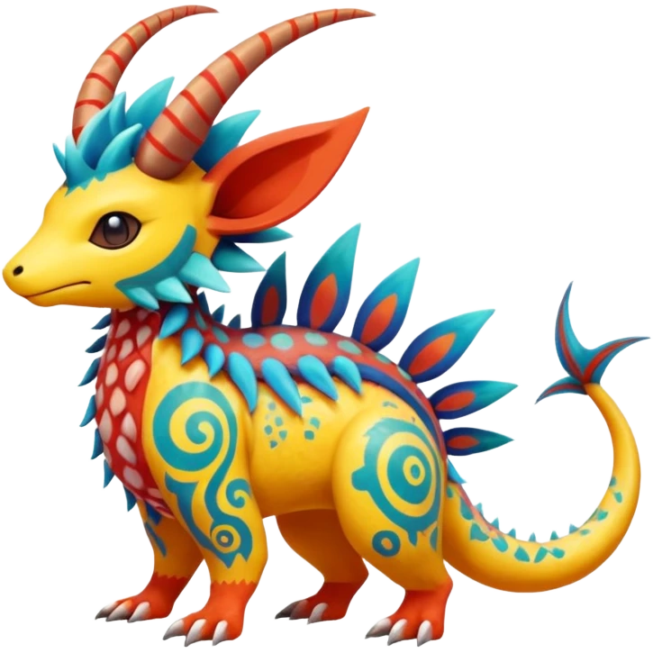 Colorful randomly-colored exotic Exotic Pokémon-Fakémon-hybrid-creature (full body) with tribal intricate splash-markings and patterns and furs and scales and spikes and fins and horns  emoji