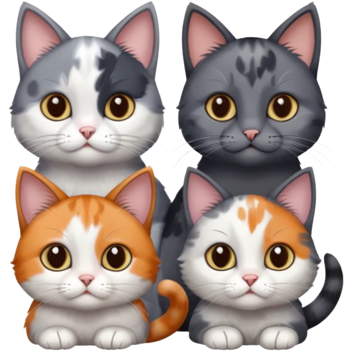 3 different coloured small cats including a dark grey and white, and a patchy calico and a completely solid dark grey with only white paws emoji