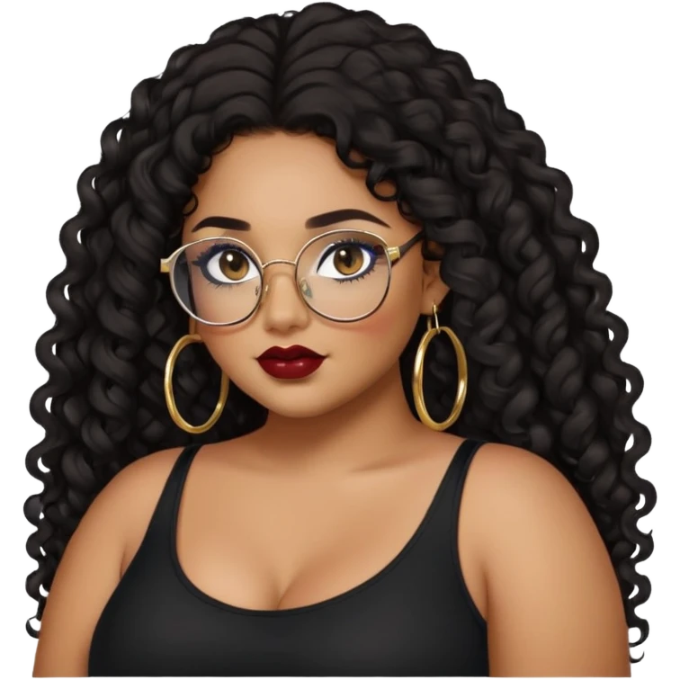 teen big plus size, latina, darker tan skin, gold hoops, long black curly hair, baddie,pretty, makeup, dark red lipgloss, black eyeliner, long hair, black top, black glasses emoji