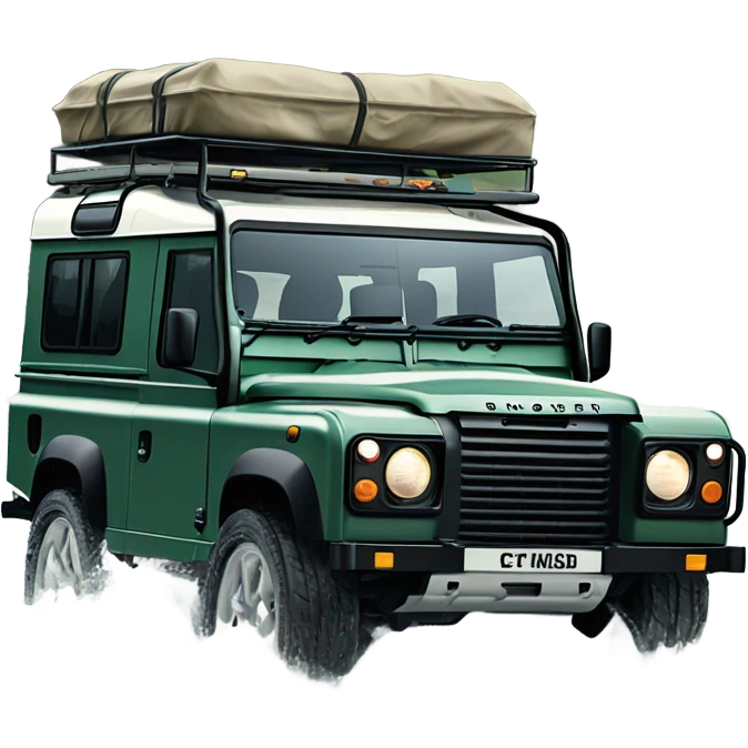 A four-wheel drive Land Rover crossing a shallow river in a rainforest, with trees in the background and splashing water, representing versatility and strength. emoji