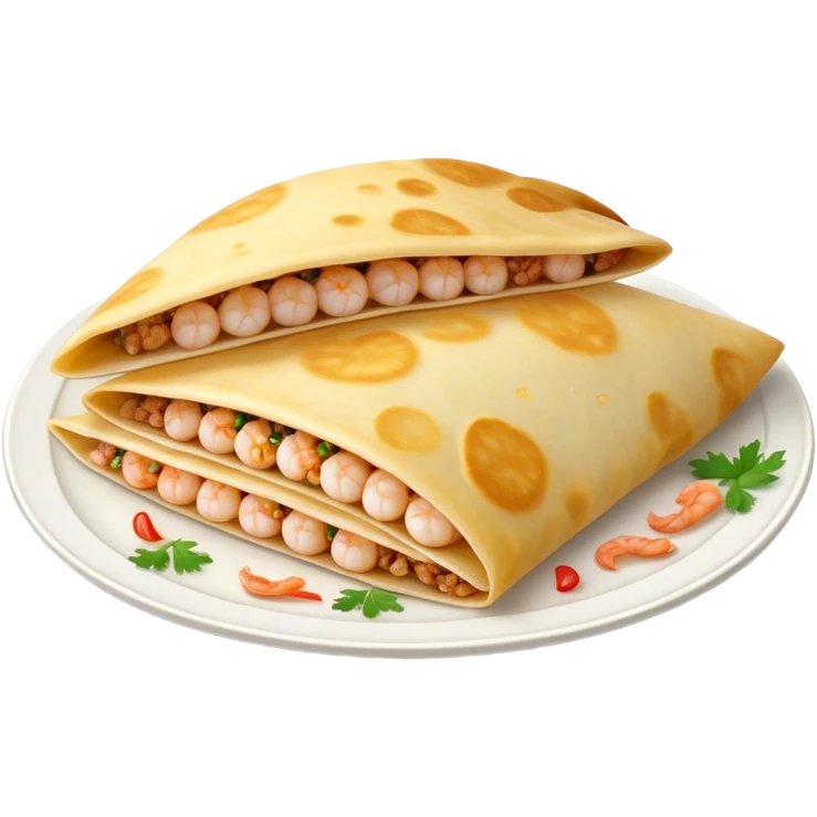 Bánh Xèo Cinematic Realistic Bánh Xèo Dish Emoji, depicted as a crispy, folded semi circle crepe filled with tiny shrimp and pork, rendered with dynamic textures and vibrant, appetizing lighting. emoji
