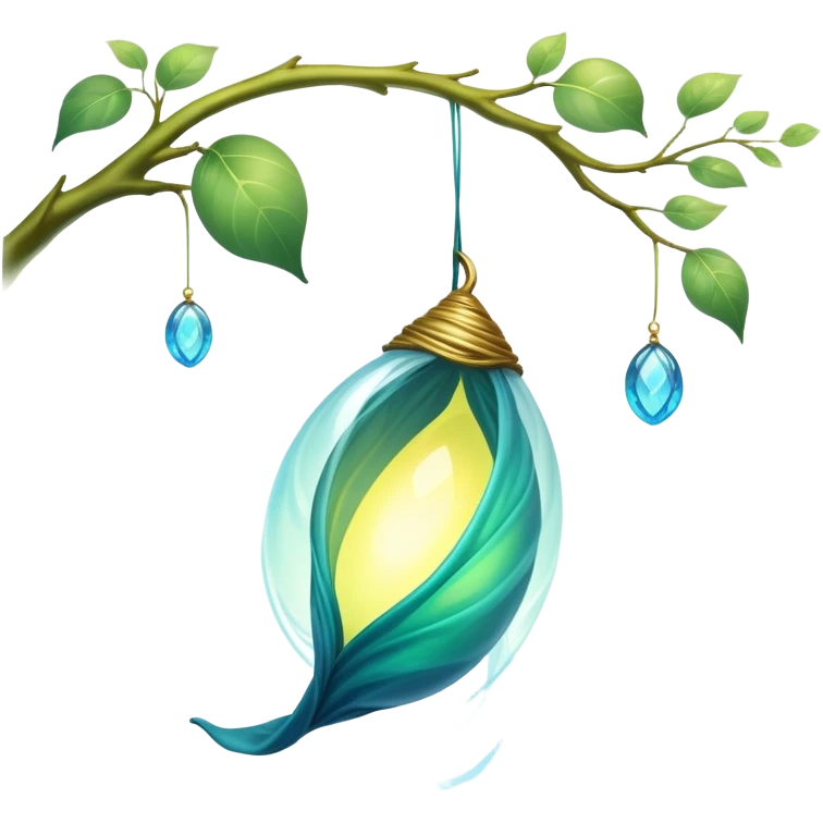 magical organic cocoon suspended from a branch, green-blue cocoon lit up, swirling yellow magic, ethereal and mystical, symbol shape, gentle green-blue hues emoji