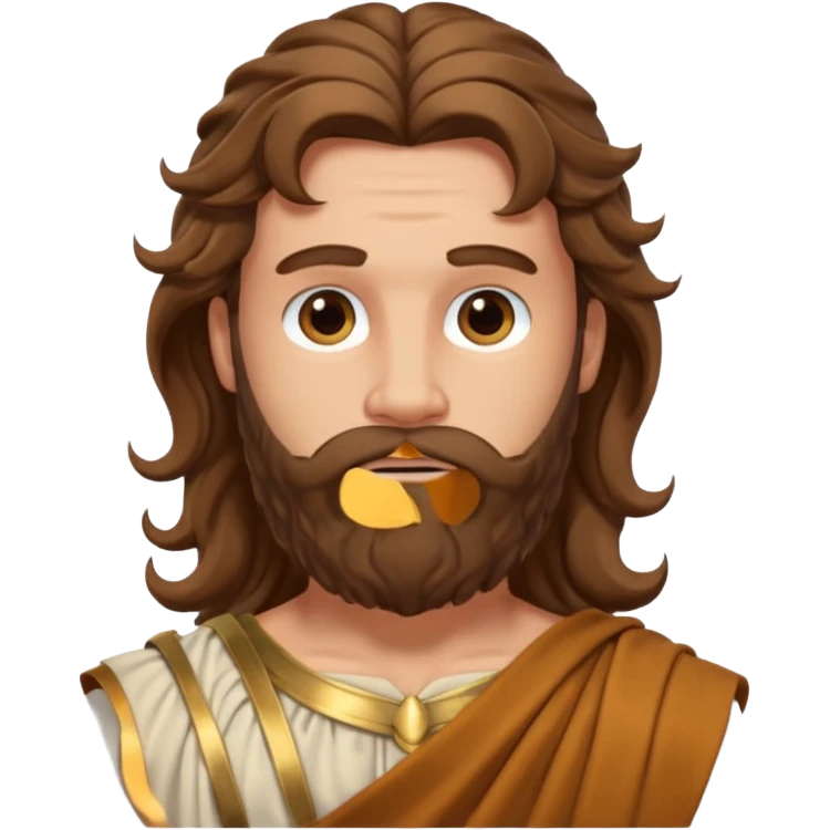 Hercules from The Olympians with long brown wavy hair and beard, bronze toga emoji