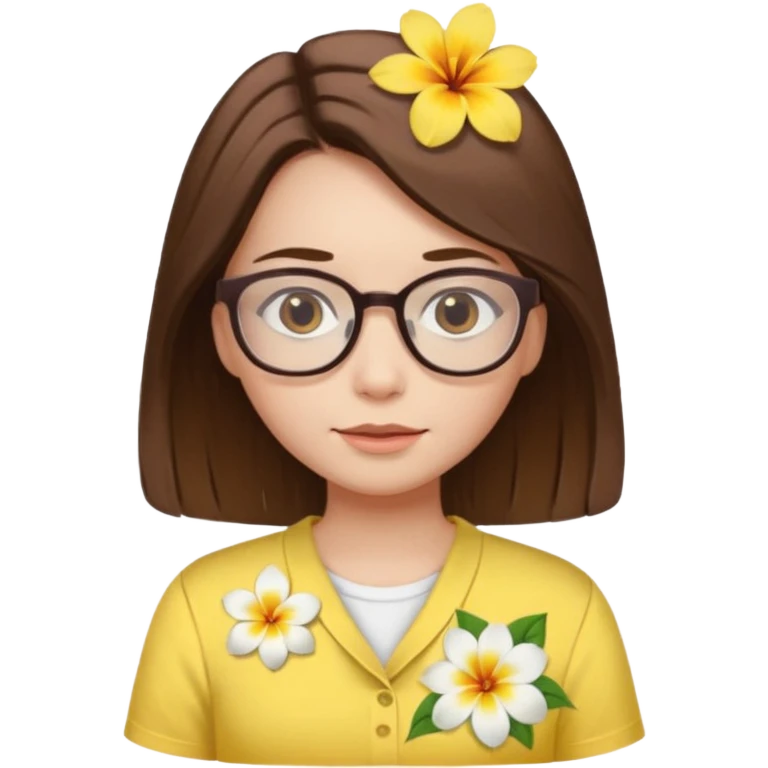 female with white skin. Shoulder length straight brown hair. Brown eyes with glasses. Hawaiian Flower in hair. Female wearing baby yellow shirt. emoji