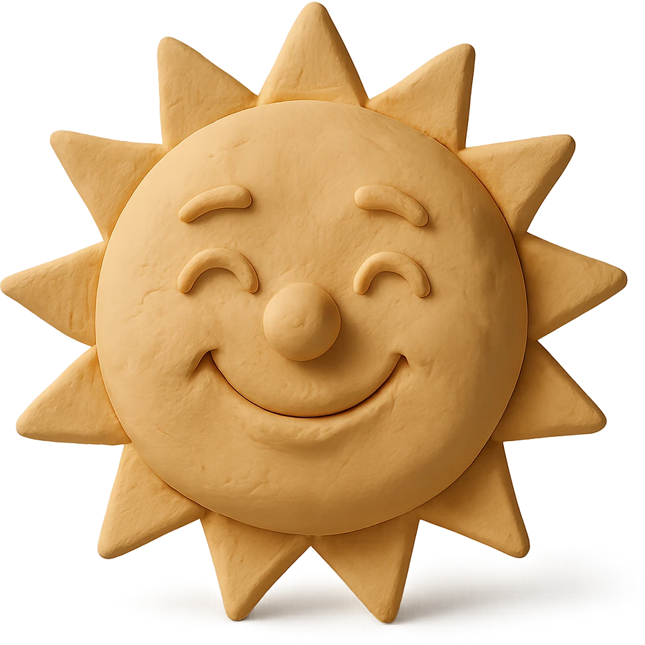 smiling sun with a face, pastel colors, visible fingerprints, matte plasticine claymation style emoji