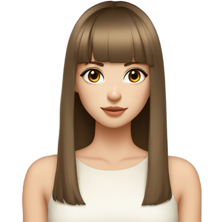 beautiful model, beige skin, light eyes, double eyelids, straight long brown hair, bangs, white top emoji