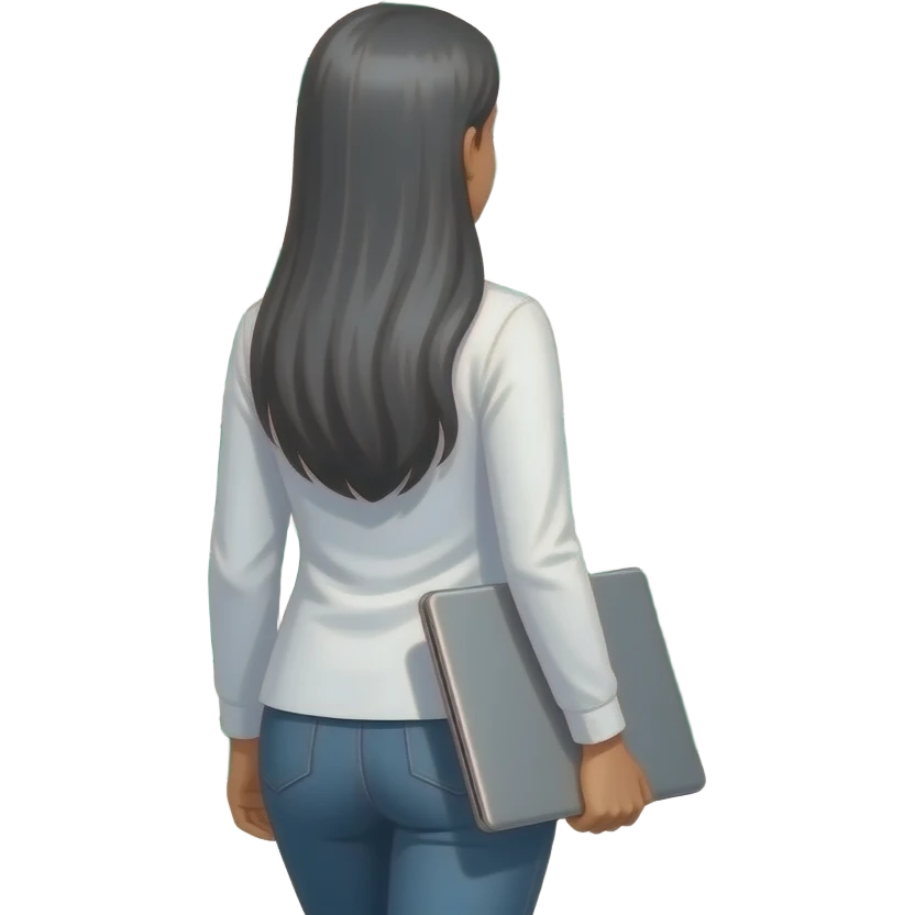backside of dark indian woman with long straight gray and long sleeve white top and laptop bag hair from the back as she walks out of starbucks emoji