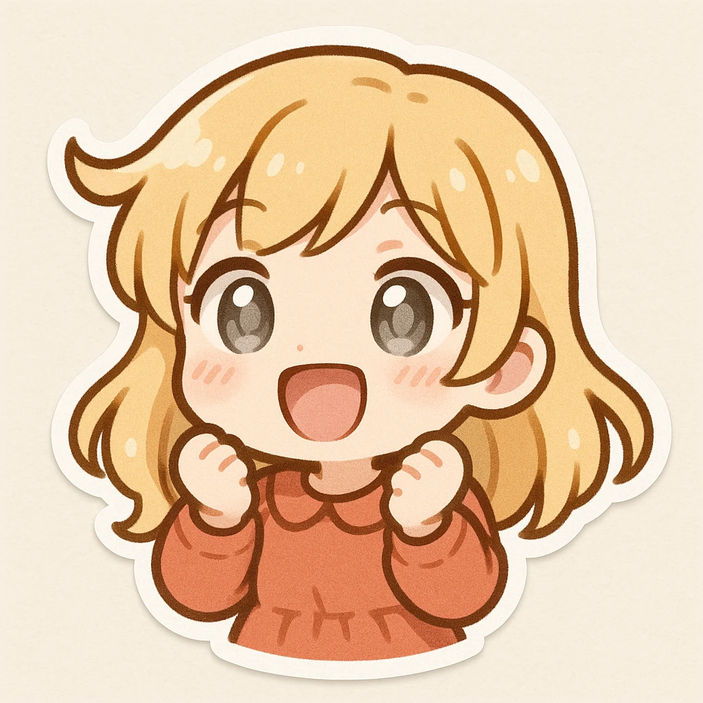 excited girl with blonde hair, pale skin, and silver eyes, cute chibi style emoji
