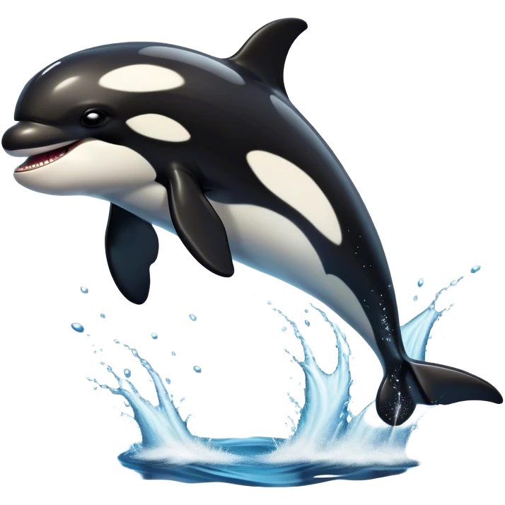 Meme-Worthy Breaching orca Portrait Emoji, Bursting powerfully out of the ocean with an impressive, high-energy leap, showcasing a sleek black-and-white body glistening with water droplets and dynamic, arched posture, Simplified yet exhilaratingly expressive features, highly detailed, glowing with a vibrant marine energy, high shine, bold and full of life, stylized with an air of untamed ocean spirit, soft glowing outline, capturing the essence of an orca mid-breach, radiating pure, unstoppable aquatic power! emoji
